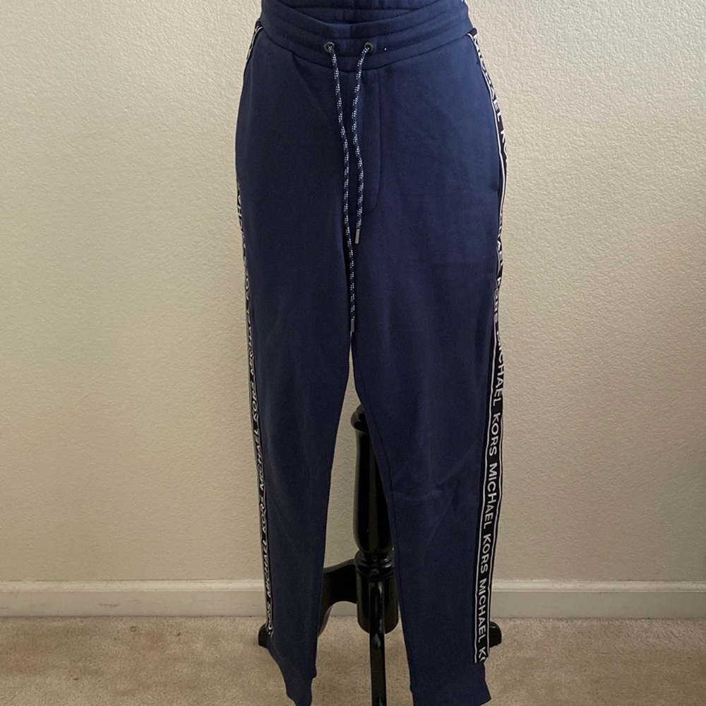 Michael Kors Navy Sweatpants With Ribbon Logo Along Leg